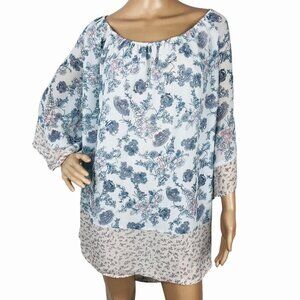 Black Rainn Plus 2X Boho Pastel Floral Print Tunic Top 3/4 Sleeve‎ Shirt Blouse